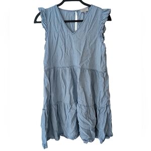 Loft Ruffle Sleeve Tiered Chambray Blue Mini Dress Size Small